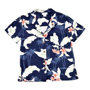 Jaclyn Smith Sport Women Top Blue‎ S Tropical Short Sleeve Floral Leaf Button Up